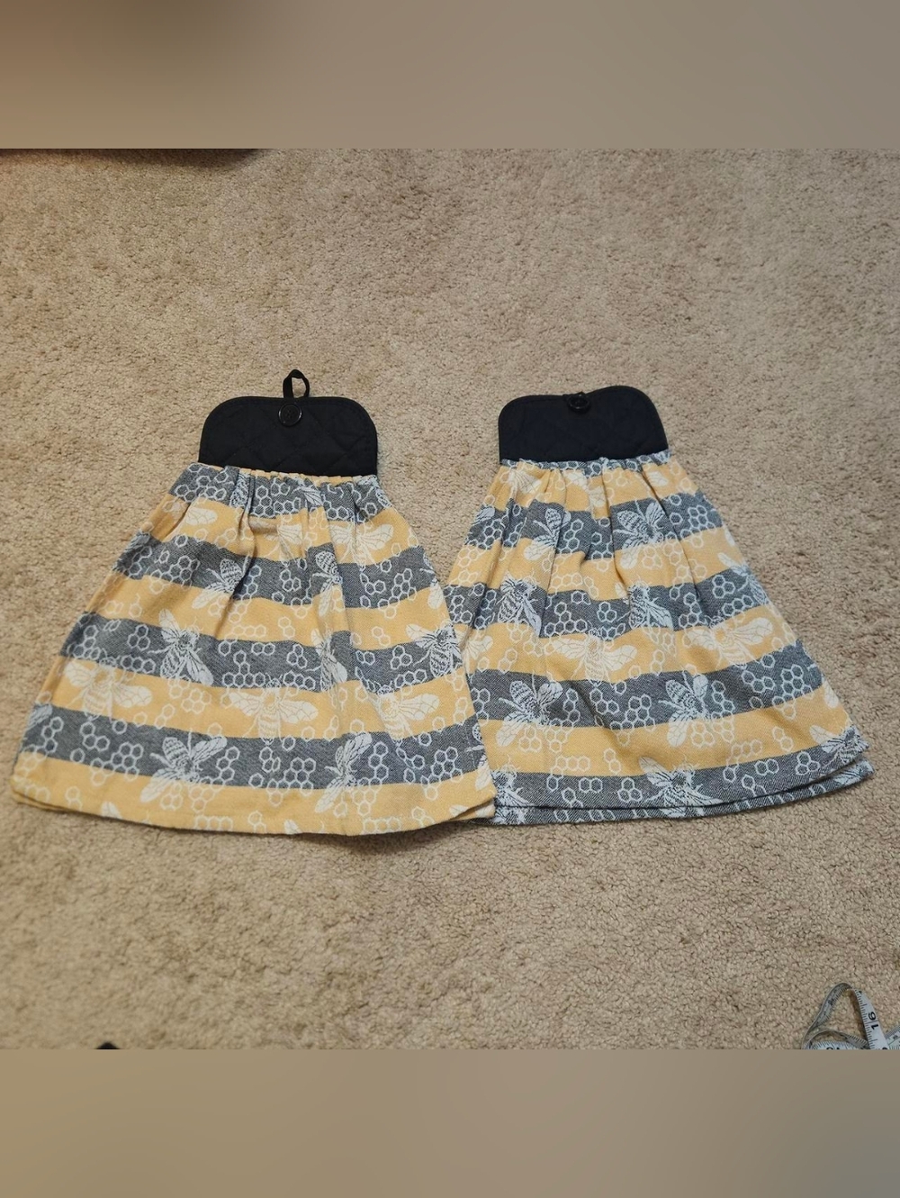 2 Handcrafted Bee And Honeycomb Towels Attached To Black Potholders Yellow Grey
